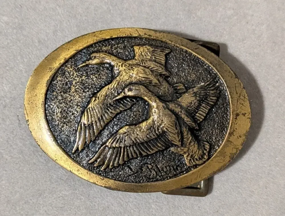 Vintage 1978 David A Bortner Brass Belt Buckle Flying Mallard Ducks Wildlife